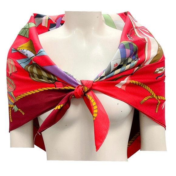 HERMES RED LES FOLIES DU CIEL PRINT SQUARE SILK TWILL SCARF - Picture 2 of 10